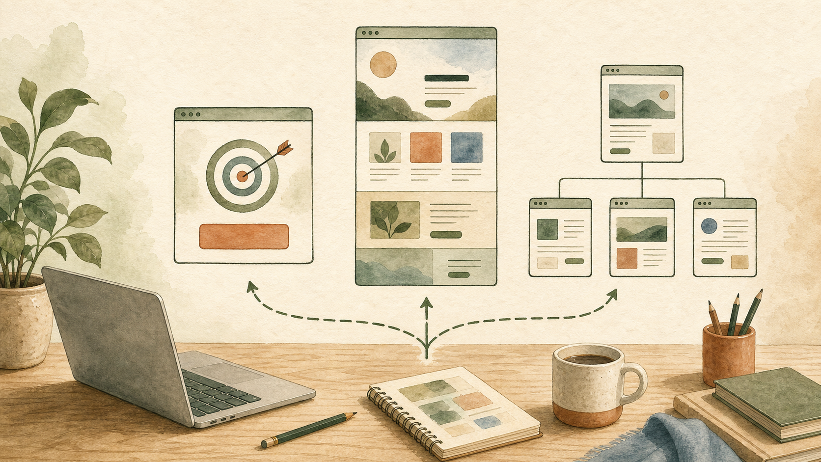 Editorial illustration comparing a focused landing page, a one-page website, and a connected multi-page website.