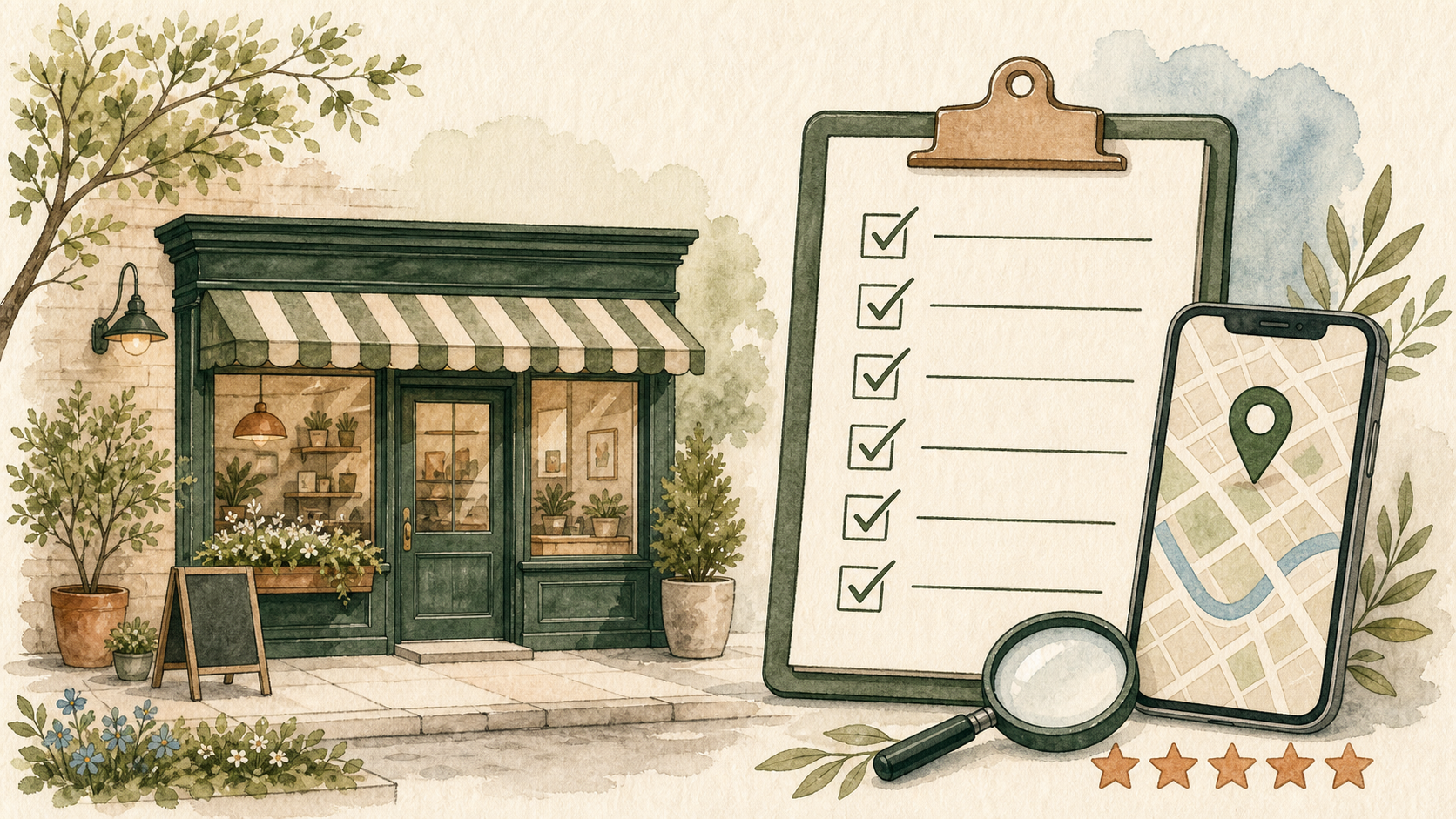 Editorial illustration of a local storefront beside a checklist, map pin, reviews, and search tools.