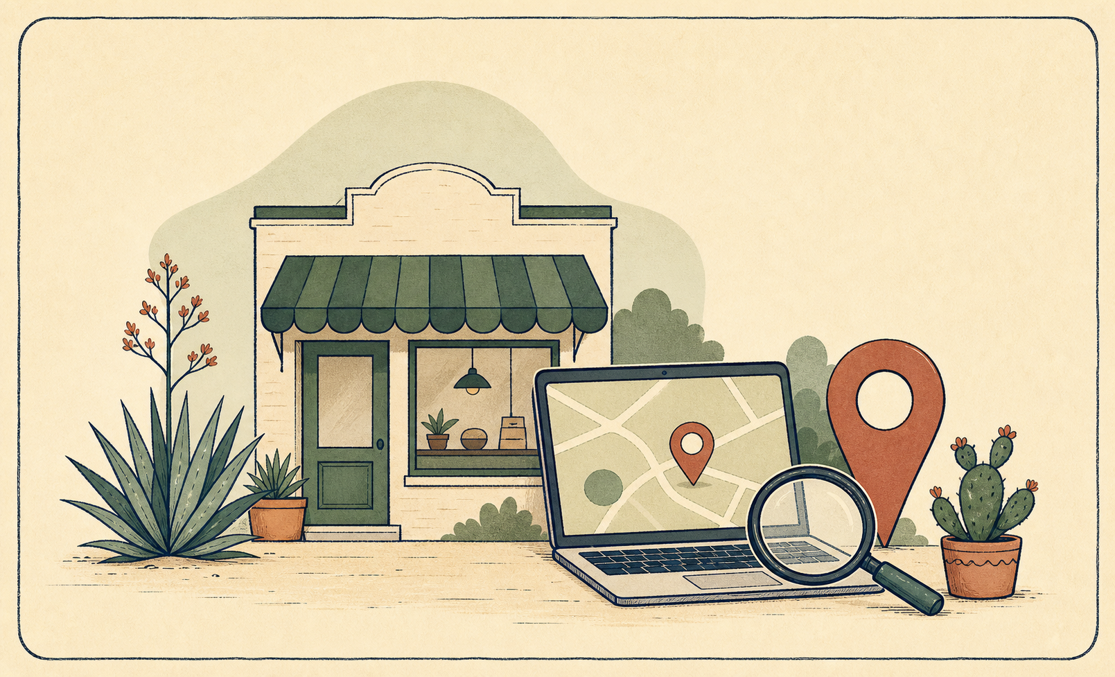 Editorial illustration of a San Antonio small business storefront with a map, search, and website optimization tools.