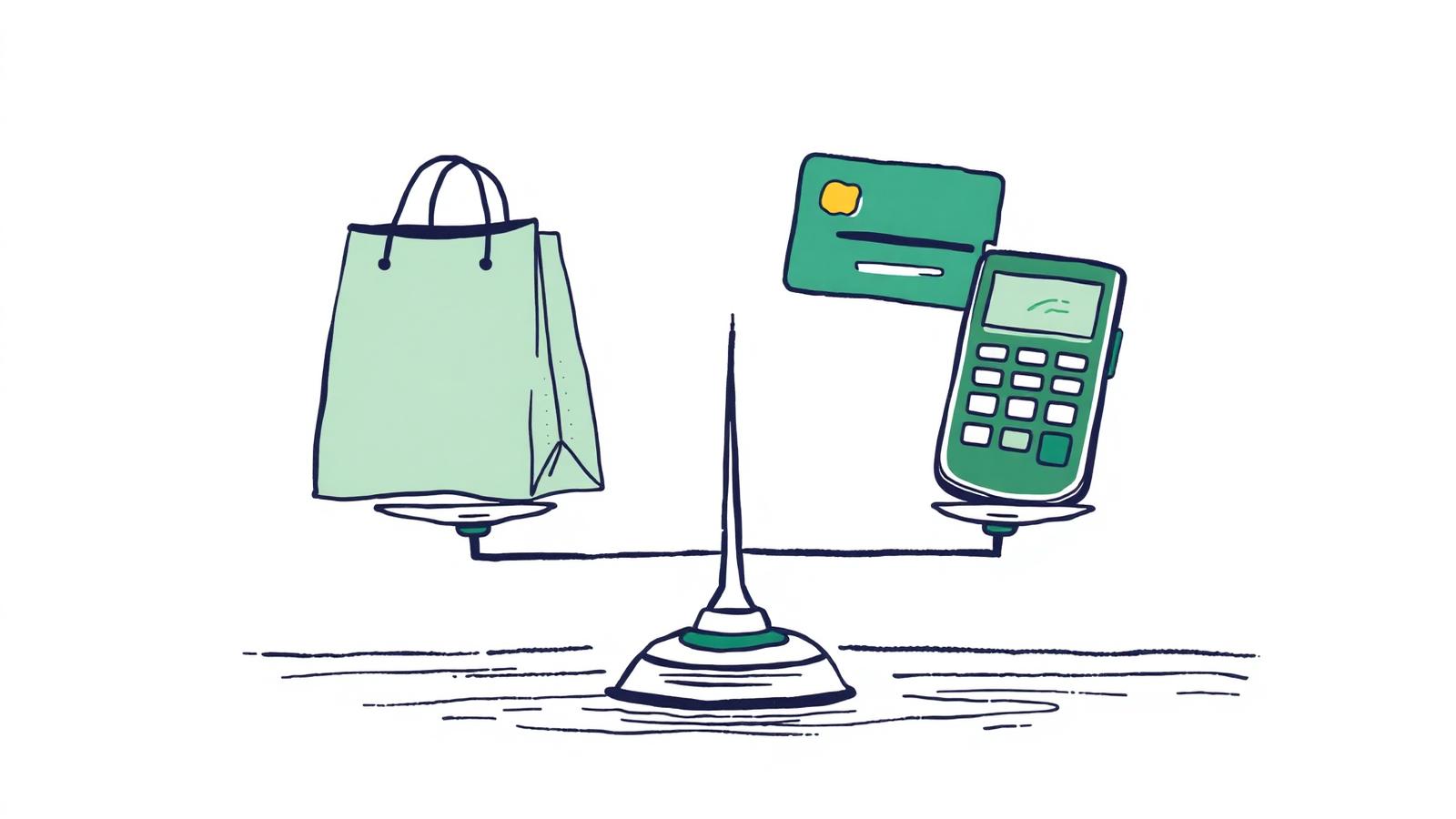 Editorial illustration comparing Shopify and Stripe on a balancing scale.