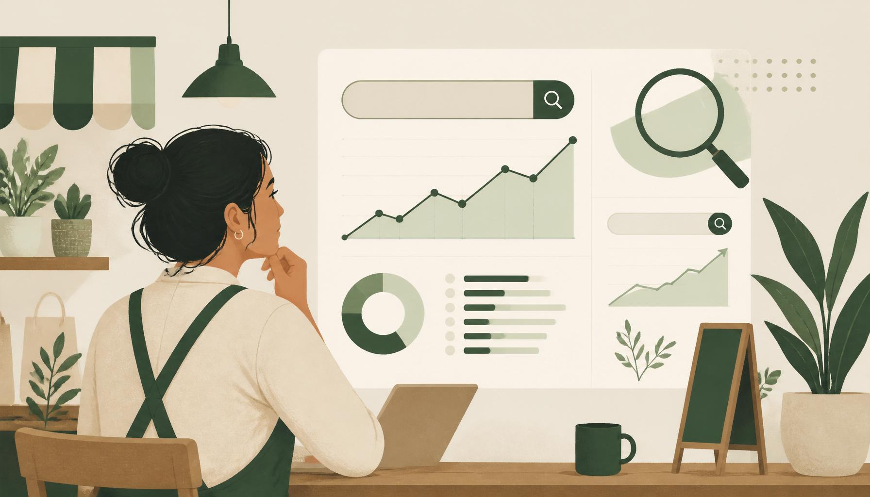 Small business owner reviewing a simple SEO dashboard with growth charts and search signals