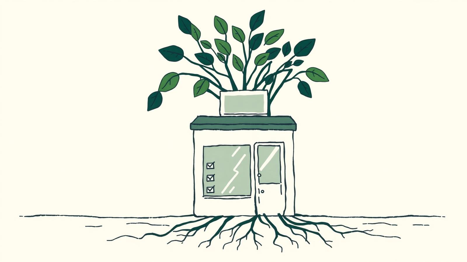 Editorial illustration of a small storefront with a plant growing from its roof and roots forming a checklist, symbolizing website foundation.