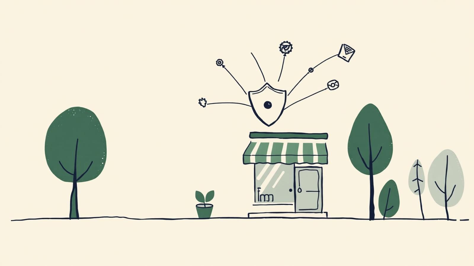 Editorial illustration of a small storefront under a protective shield, surrounded by icons for hosting, email, analytics, and updates, symbolizing one accountable partner.